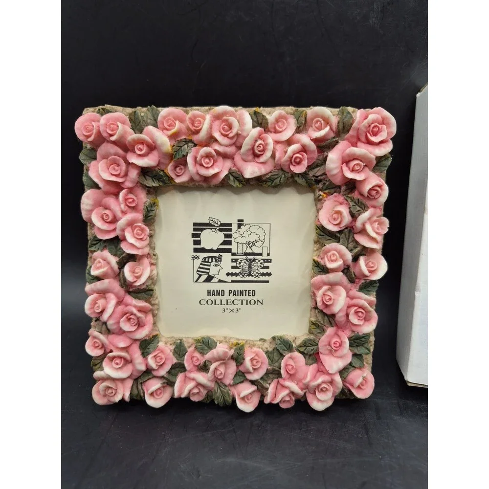 Vintage Pink Rose Floral Ceramic Photo Frame 3D Roses Shabby Chic Cottagecore